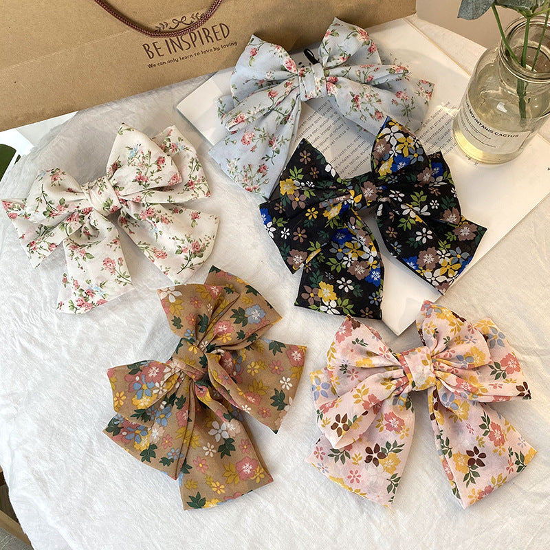 Wholesale Three-layer Floral Large Bow Fabric Chiffon Back Head Spring Clip